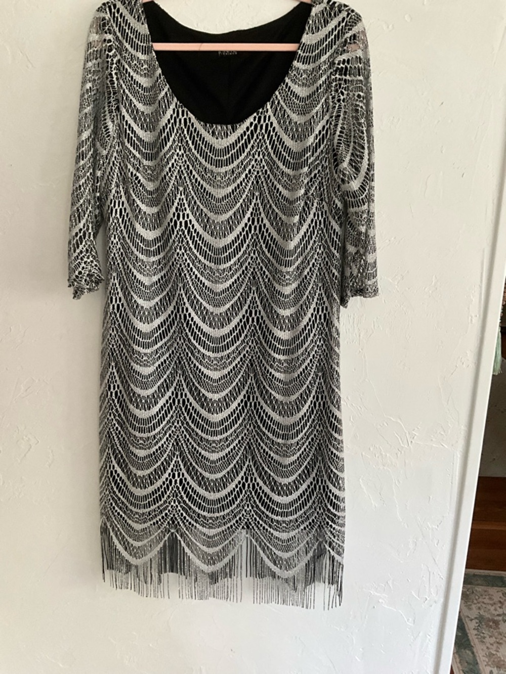 Ignite Evenings Metallic Lace Fringe Sheath Dress 14